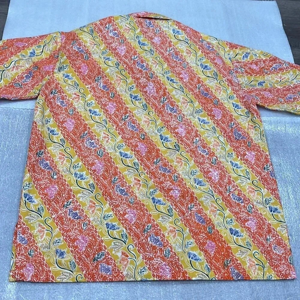 [XL]Popilier Bali Short Sleeve Orange/Yellow Floral Button Up Shirt - Picture 7 of 9